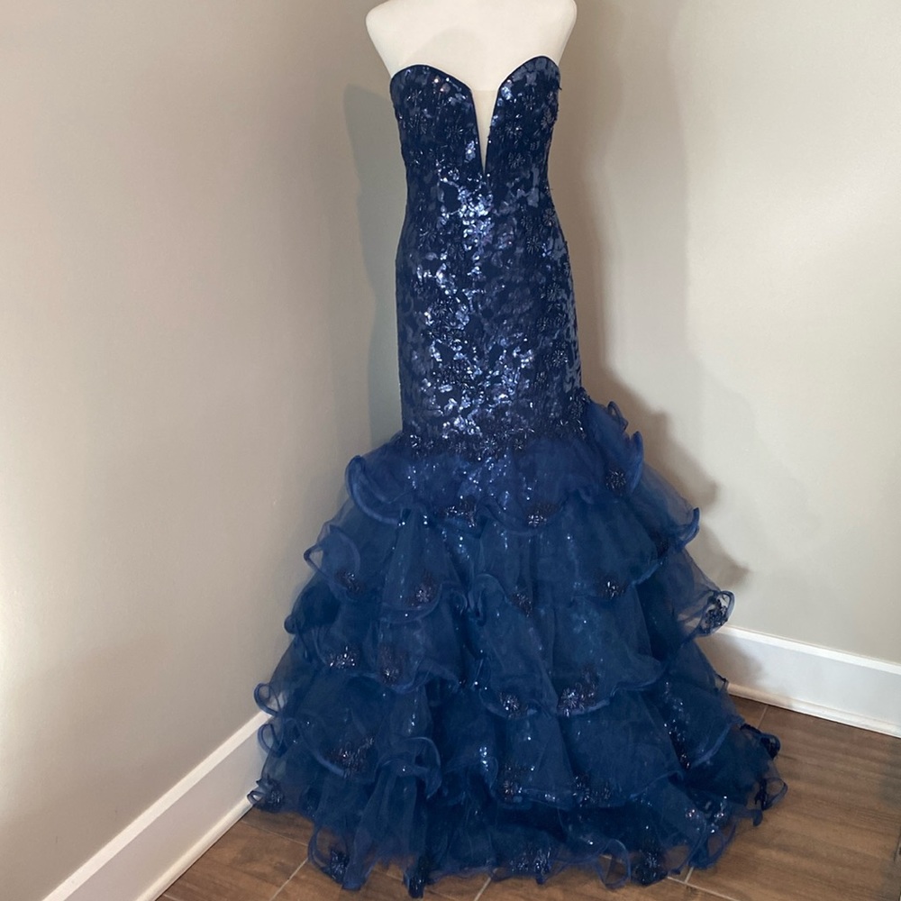 Jovani Formal Full Length Beaded Strapless Mermaid Style Gown in Midnight Blue